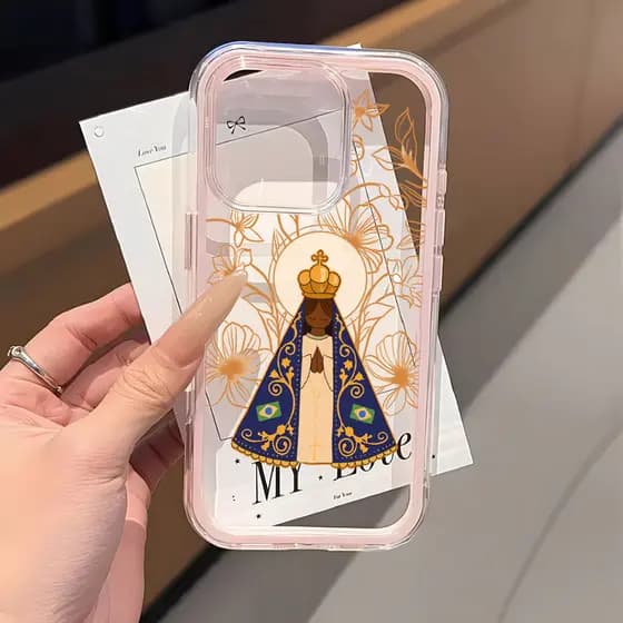 Capa 2 Em 1 Para iPhone 16 15 14 Plus 13 12 11 17 Air Pro Max Transparente Anti-Impacto Nossa Senhora