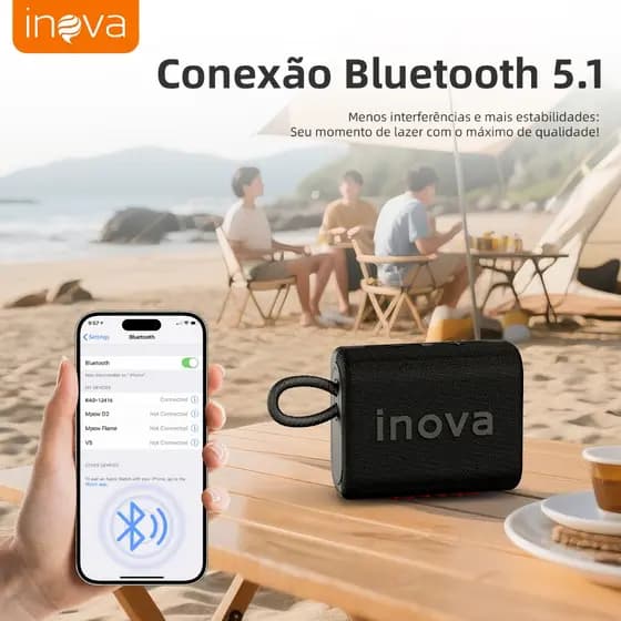 INOVA Caixa de Som Portátil Bluetooth 5.4 com Rádio FM, Graves Potentes, TWS Estéreo e À Prova D'Água para Exterior