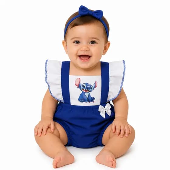 Romper Bebê Azul Estampado com Lacinho Stitch