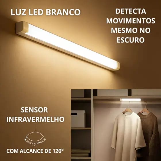Smart Luminária Inteligente Ultra LED com sensor de movimento sem fio e Recarregável USB fino barra 20/50cm
