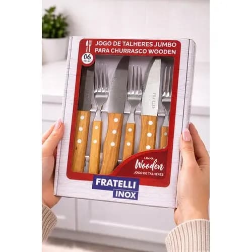 Kit Churrasco Inox 6 Peças Cabo Madeira Facas Garfos BBQ Grelha Resistente