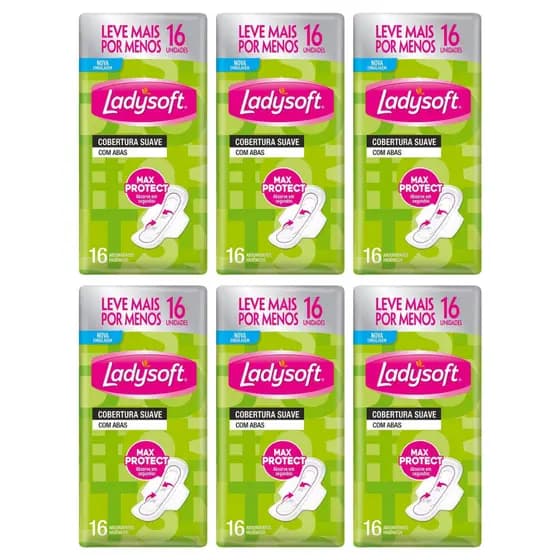 Combo 6x Absorvente Ladysoft Normal Suave com Abas 16un- Toque Macio e Suave