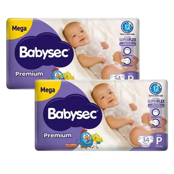 2x Fralda Infantil BabySec Premium Galinha Pintadinha Mega P com 34un Cada - Super Absorção + Ajuste Perfeito