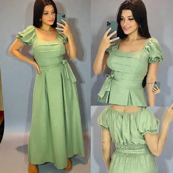 VESTIDO FEMININO LONGO PRINCESA MANGAS E CINTO NO DUNA LINHO MODA CASUAL ELEGANTE LUXO FESTA