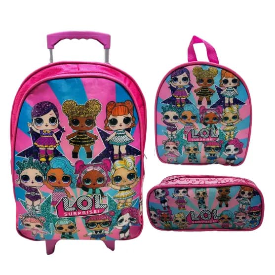 Kit Mochila Escolar Com Rodinha, Estojo, Lancheira térmica LOL