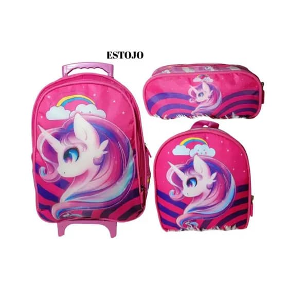 Kit Mochila Escolar Com Rodinha, Estojo, Lancheira térmica Unicórnio