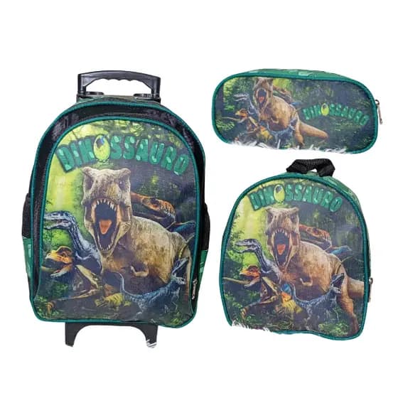 Kit Mochila Escolar Com Rodinha, Estojo, Lancheira térmica Dinossauro