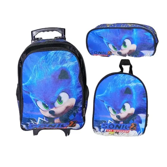 Kit Mochila Escolar Com Rodinha, Estojo, Lancheira térmica Sonic azul