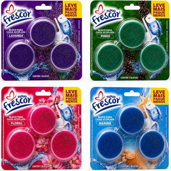 Bloco Sanitário Triplo para Caixa Acoplada Novo Frescor - Kit Com 12 unidades de 45g - 4 Fragrâncias
