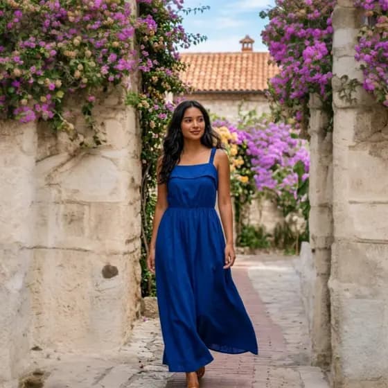VESTIDO LONGO EM VISCOSE COM ELASTEX NAS COSTAS ALÇA FRANZIDA\VESTIDO LONGO
