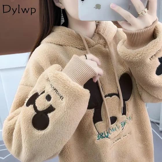 Moletom feminino de manga comprida, estilo coreano, com estampa do Mickey Mouse, soltinho e de pelúcia 5234