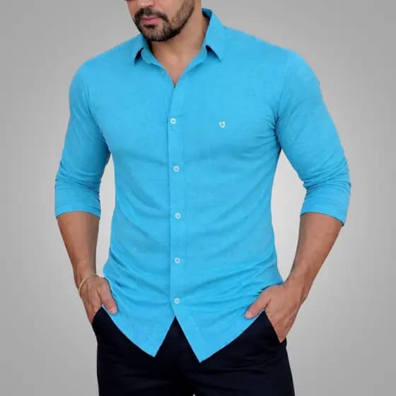 Camisa Slim Masculina Manga Longa Comprida com Botões Malha Leve Elastano Estilosa Camiseta Elegante Blusa