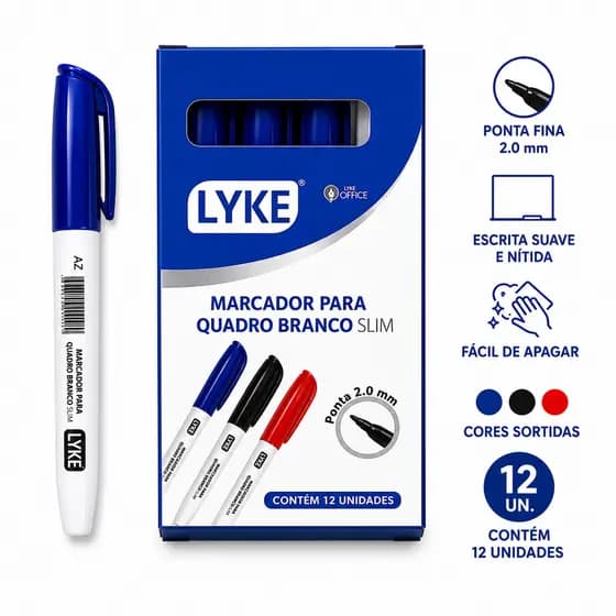 Marcador Quadro Branco Lyke Preto Caixa 12 Unidades Slim ponta fina preto-azul-vermelho