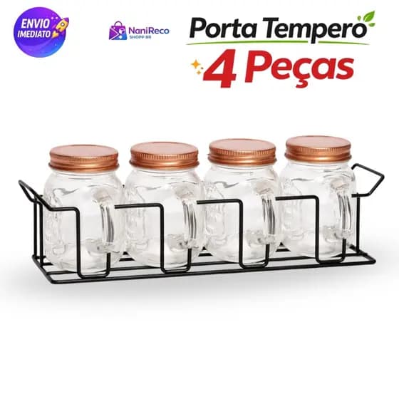 Kit 4 Potes Porta Temperos 120ml com Suporte Metálico Organizador Vidro Resistente para Cozinha Moderna