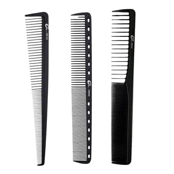 Kit 3 Pentes de Carbono de Cortar Cabelo e Barba Preto Profissional