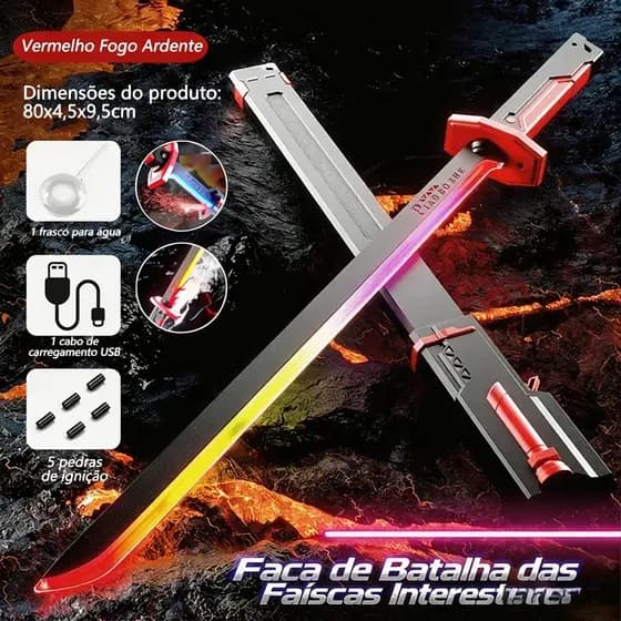 Espada Katana Samurai Grande 80Cm LED RGB Faisca e Fumaça Sabre de Luz Iluminado Brinquedo Cosplay