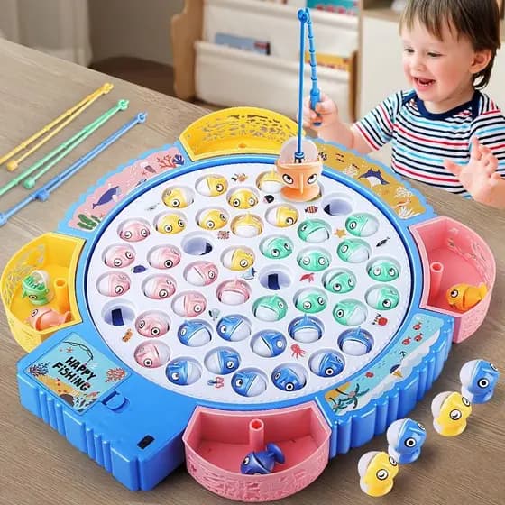 Brinquedo Elétrico Pesca Giratório com Música 45 Peixes 4 Varas Interativo