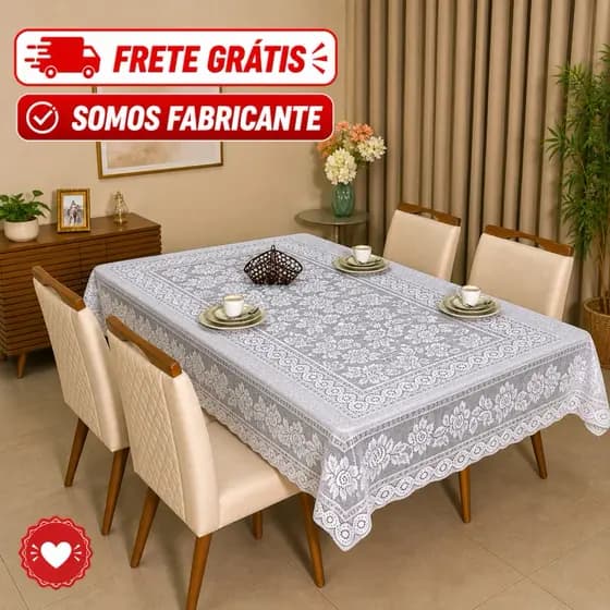 Toalha de Renda Para Mesa de 6 Cadeiras 1.60x2.20m / 4 Cadeiras 1.45x1.45m - Resistente Lavável Premium