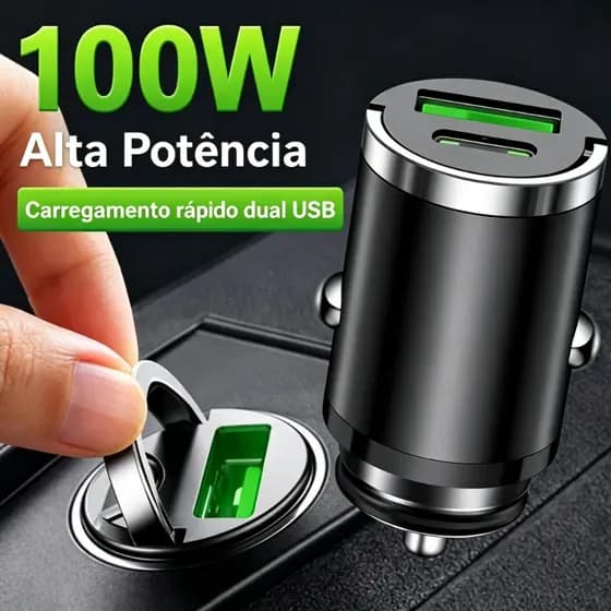 Carregador Veicular Turbo USB Tipo C PD QC3.0 Carregamento Rápido para Celular