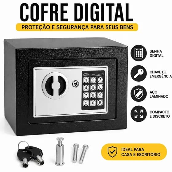 Cofre Digital Eletrônico com Senha e Chave de Emergência em Aço Preto para Dinheiro Documentos Joias