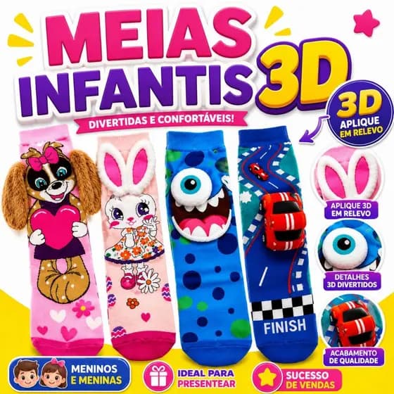 Meia Infantil 3D Divertidas Unissex Cano Alto Desenhos Animados Tridimensionais