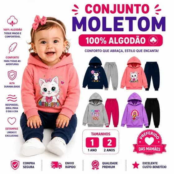Conjunto Moletom Bebê Infantil Menina com Capuz Inverno Frio Tam 01 ao 08 Feminino