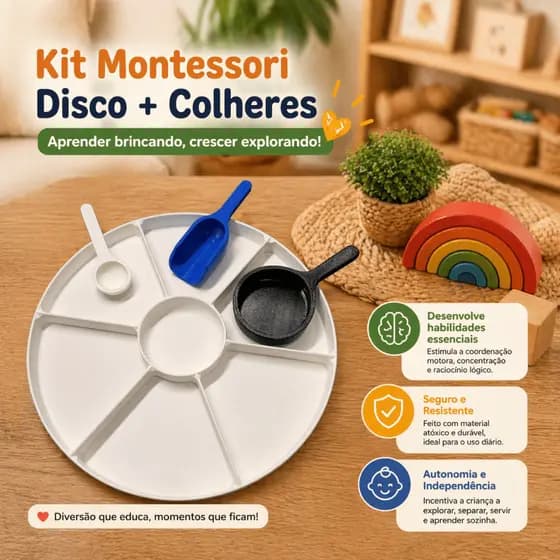 Kit Sensorial Infantil Montessori Disco e Colheres Brinquedo Educativo Coordenação Motora