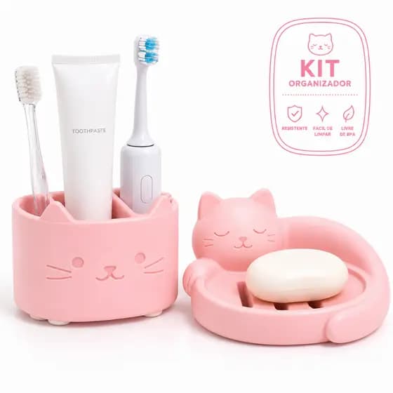 Kit Organizador Banheiro Gatinho Rosa | Porta Escova Dental + Saboneteira Decorativa