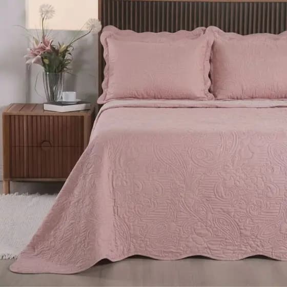 Kit Colcha Cobre Leito Casal Padrão Liso Dupla Face Matelado com Viés 3 Peças com Porta Travesseiros