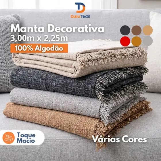 Manta Para Sofá Protetora 3,00m x 2,25m King Gigante 100% Algodão Várias Cores Toque Macio