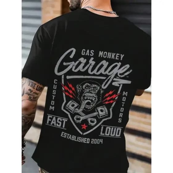 Camiseta Masculina de Gola Redonda Estampada com GAS MONKEY GARAGE, Moda Masculina com Estampa de GAS MONKEY