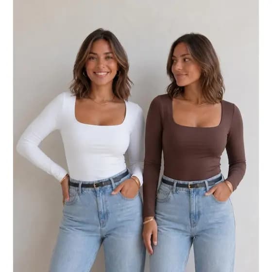 Kit 2 Blusa Feminina Manga Longa Decote Quadrado Suplex Premium