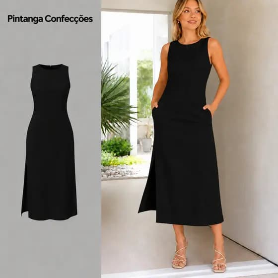 Vestido Regata Feminino Preto Linho Longo Forrado Bolso Fenda Zíper Costas Elegante Verão