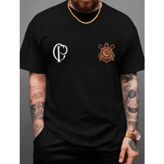 Camiseta 100% Algodão Unissex Futebol Time Corinthians Paulista CP Branca e Dourado Casual