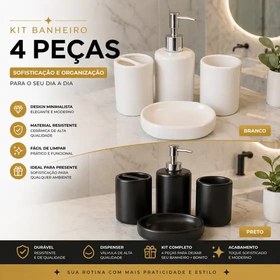 Kit Banheiro 4 Peças Luxo Cerâmica Dispenser 380ml