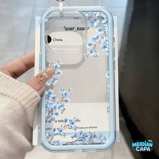 Capa 2 em 1 com Cerejeira Azul Aquarela para iPhone 17 Pro Max 13 11 12 16 15 14 Plus Transparente de Capinha