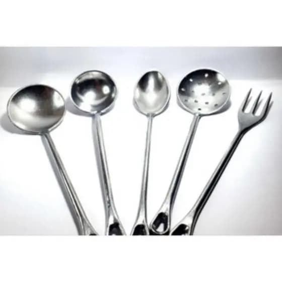 KIT 5 TALHERES ALUMINIO FUNDIDO GARFO COLHER ESCUMADEIRA CONCHA RASA E FUNDA CABO DE ALUMINIO