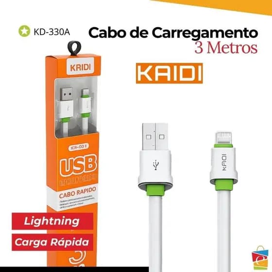 Cabo Carregador Turbo Kaidi LIGTHNING E TIPO C Lehmox com Carregamento Rápido 3M