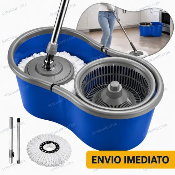 Mop Giratório Plástico 360° com Refil Balde e Cesto Cabo de 125 cm