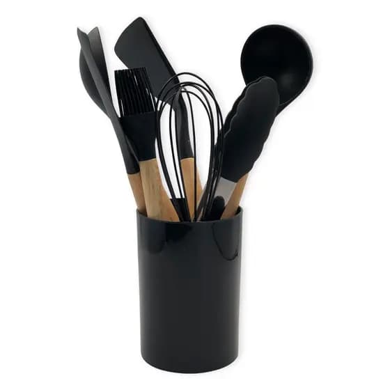 ✨Conjunto Utensílios Silicone 8 Peças com Suporte Resistente ao Calor Não Risca Panela Cabo Madeira