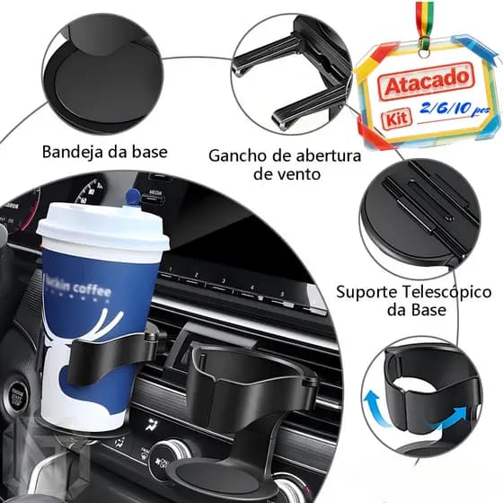 Kit 2/6/10 Porta-Copos Automotivos Ajustáveis Universais - Preto