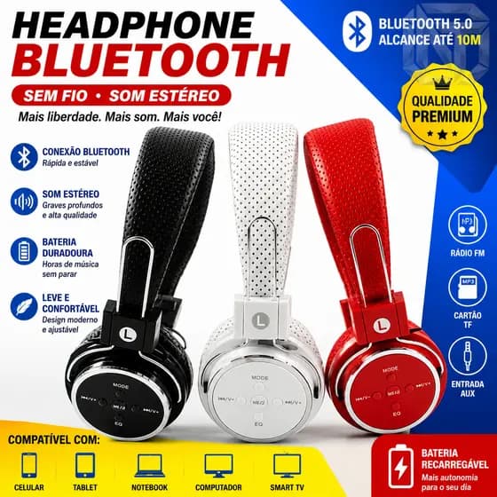 Fone De Ouvido Sem Fio bluetooth fm mp3 Micro Sd Usb B-05 Headphone Universal Sd P2 B05 Envio Imediato