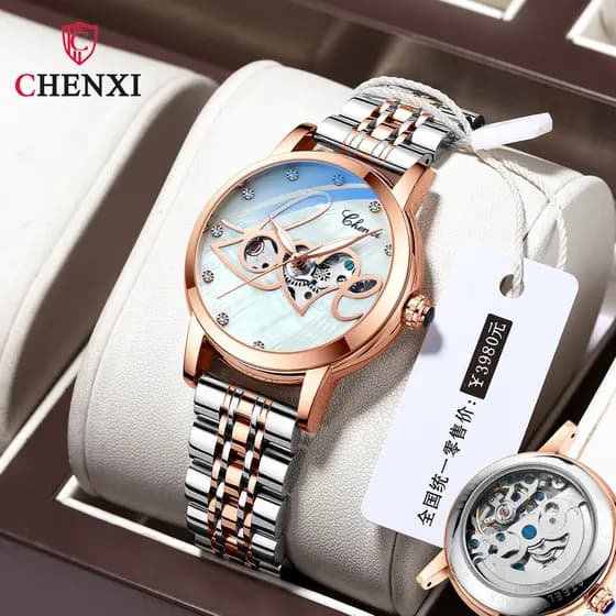 Chenxi novo estilo moda luminosa relógio à prova dwaterproof água feminino senhoras banda de aço sólido oco relógio mecâ