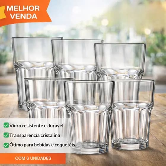 Jogo de Copos Altos 310/350/430ML Vidro Grosso Premium – Resistentes e Elegantes