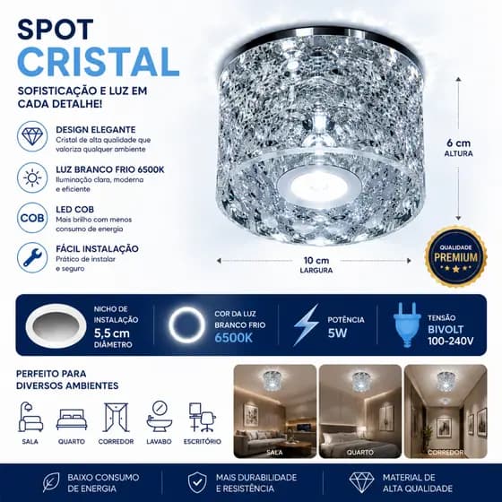Spot Embutir De Cristal Inox Sala Sanca Quarto Banheiro Branco Frio