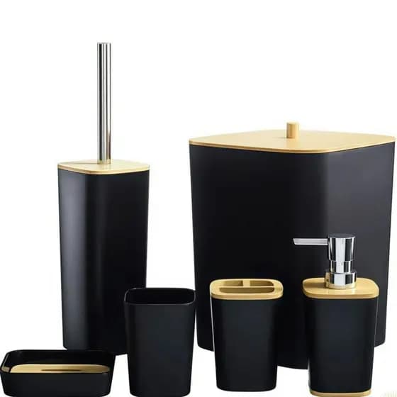 Kit Banheiro 6 Acessórios Lavabo Detalhes Bambu Lixeira Fechada Saboneteira Porta Escova De Dente