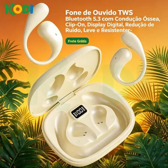 Fone de Ouvido TWS Bluetooth 5.3 com Condução Óssea, Clip-On, Display Digital, Redução de Ruído, Leve e Resistente-B8