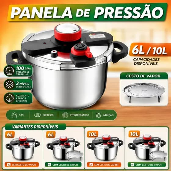 304Panela de Pressao Inox 6L/10L 100kPa com Cesto de Vapor