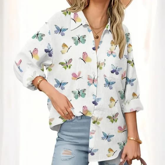 Camisa Feminina Manga Longa Borboleta Estampa Casual Blusa Confortável de Larga Colarinho