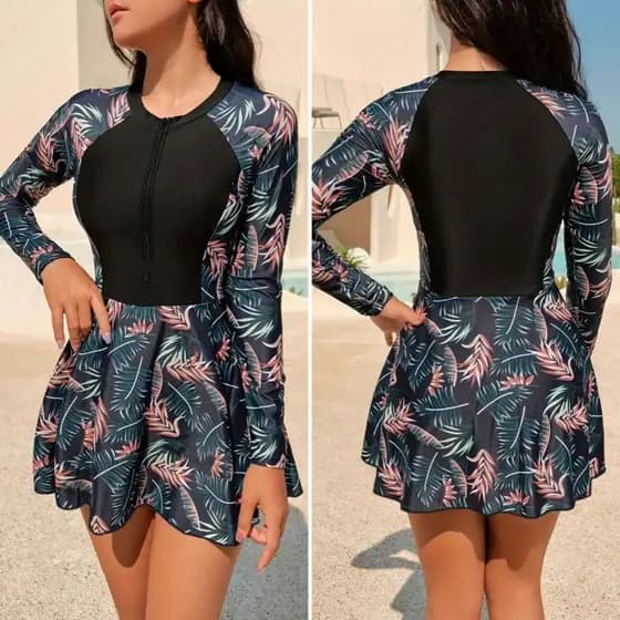 Conjunto Maiô De Praia Feminino Estampa De Plantas Casual Tropicais E Manga Raglan